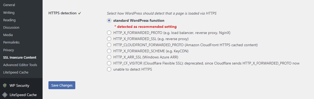 The SSL Insecure Content plugin's HTTPS detection section in the WordPress dashboard