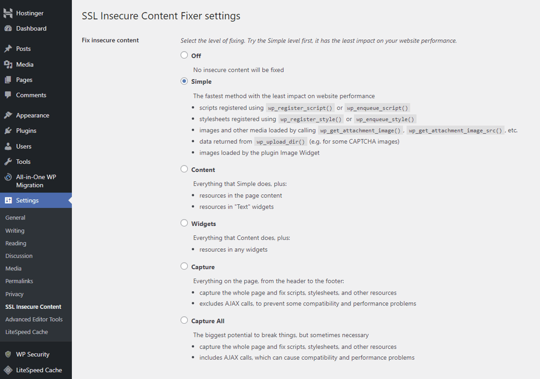The configuration page of the SSL Insecure Content plugin