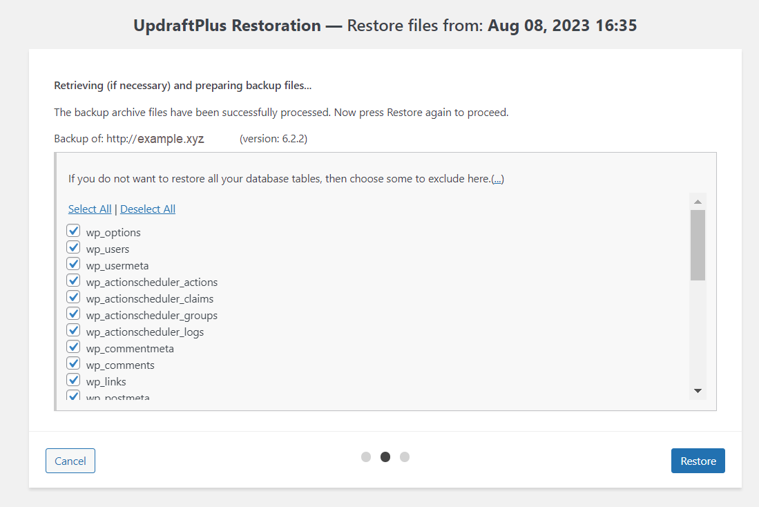 The UpdraftPlus page, showing which database tables to restore.