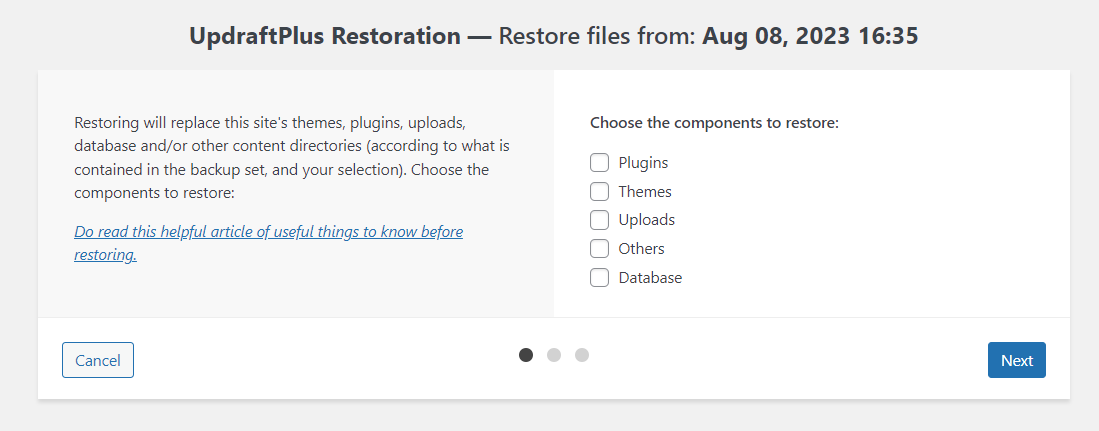 The UpdraftPlus Restoration page, asking to choose website component to restore.
