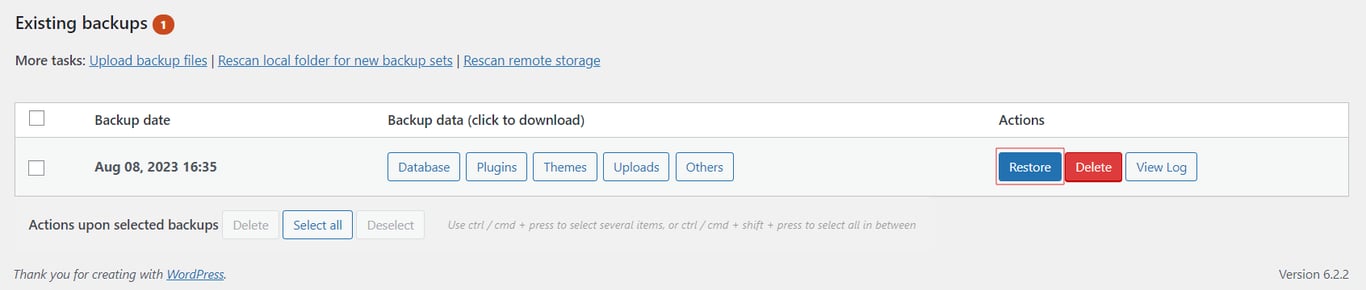 The restore button under the Existing Backup menu on UpdraftPlus.