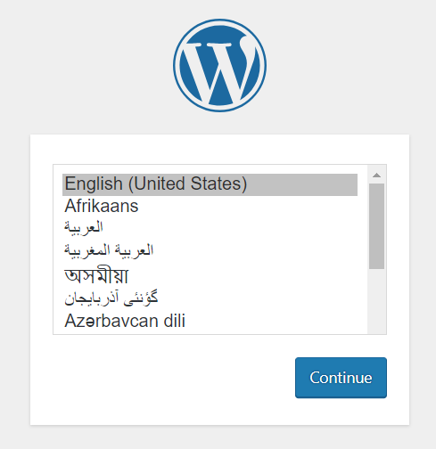 WordPress installation language selection menu