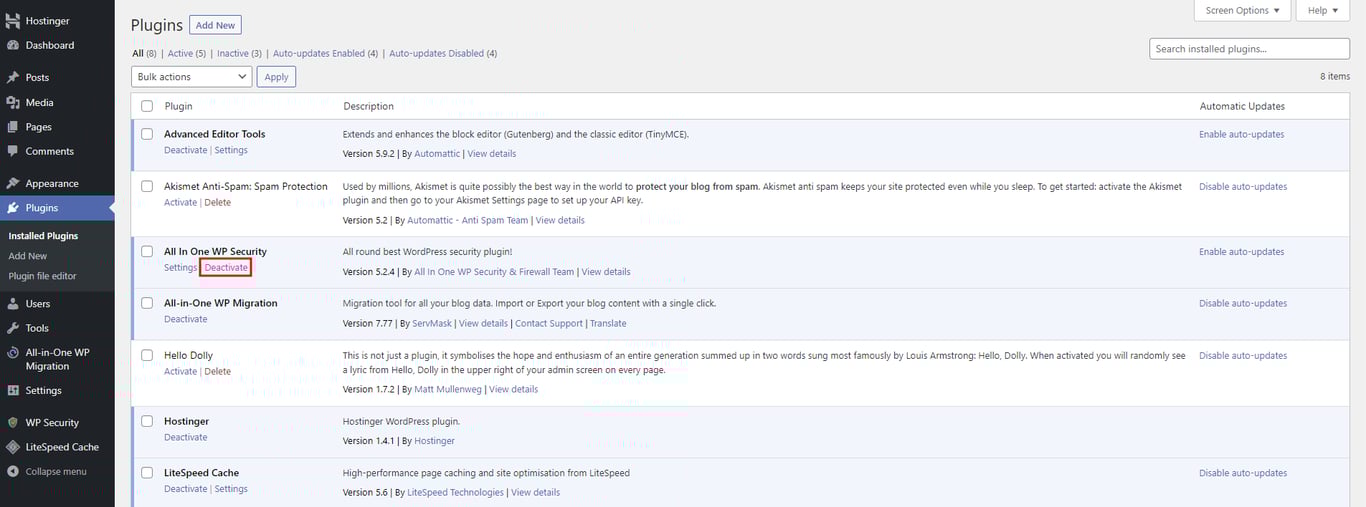 The Plugins section in WordPress with the Deactivate link highlighted under a security plugin.