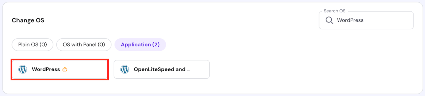 The WordPress VPS template on hPanel's operating system installation menu