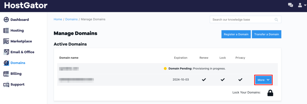 HostGator Manage Domains tab listing all the active domains