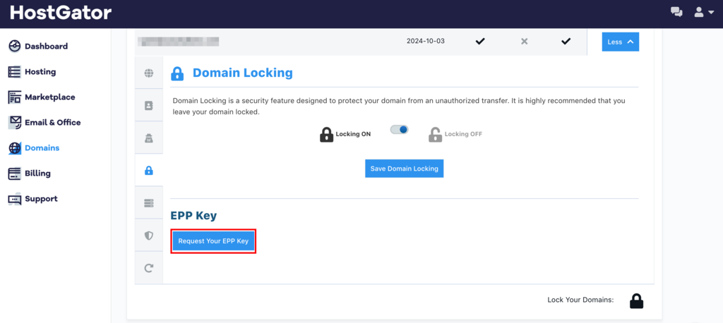 HostGator Domain Locking section with the Request Your EPP Key button visible
