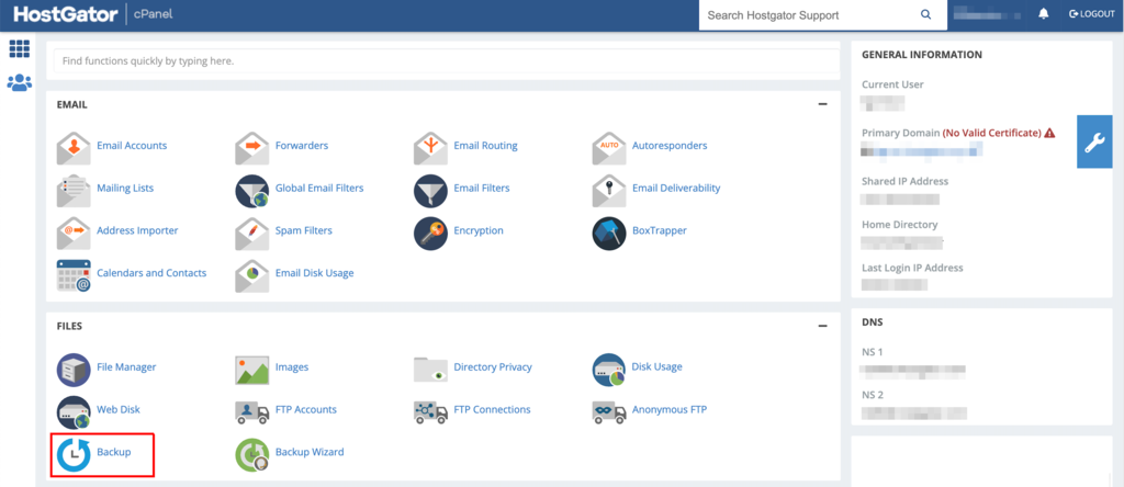 HostGator website backup option