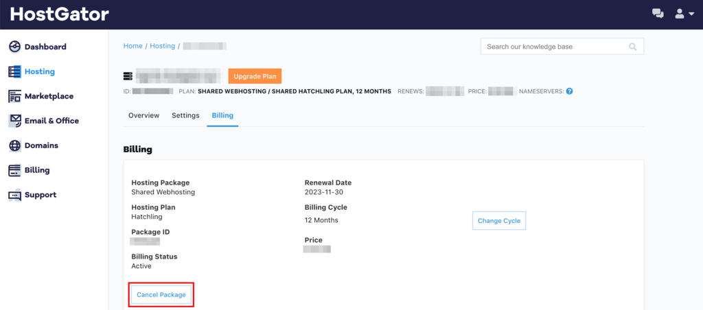 Cancel Package button inside the billing tab