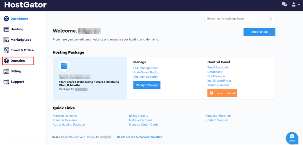 The domains tab in the HostGator menu tab