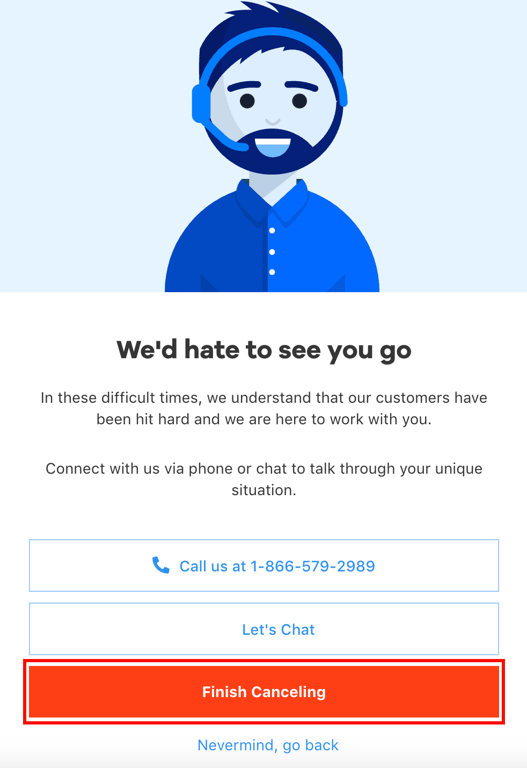 Pop-up asking confirmation on hosting package cancellation request