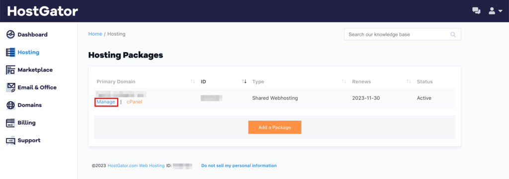 The manage hosting package option