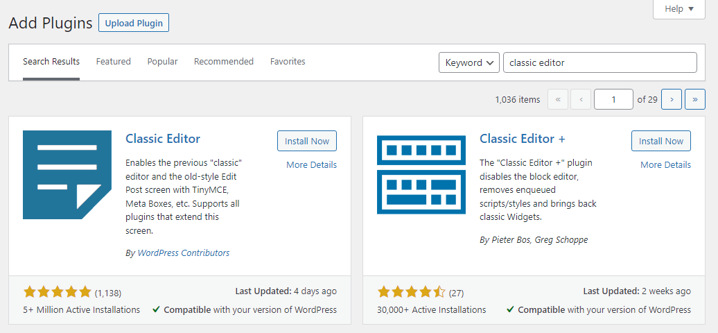 Installing the Classic Editor plugin