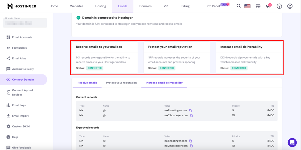 Hostinger hPanel Connect Domain section
