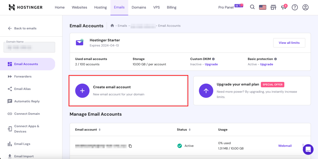 email hPanel for the associated domain