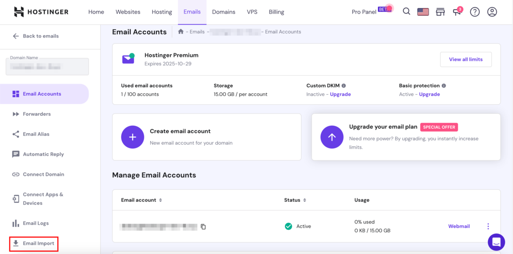 Hostinger control panel with the Email Import option highlighted