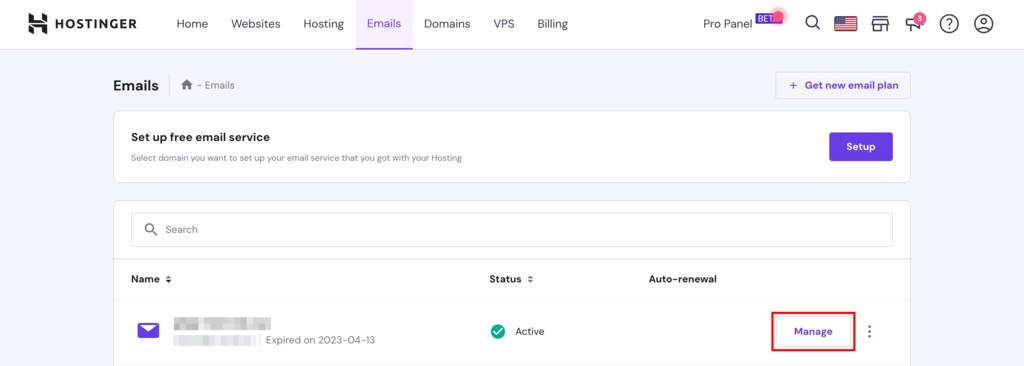 The Emails section in the Hostinger Dashboard