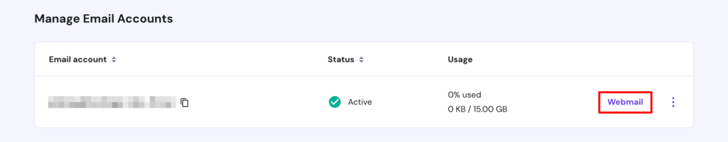 Manage Email Account tab in Hostinger Members Area