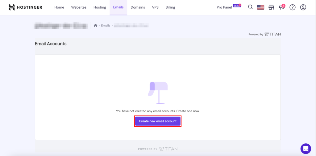 Titan email account setup window