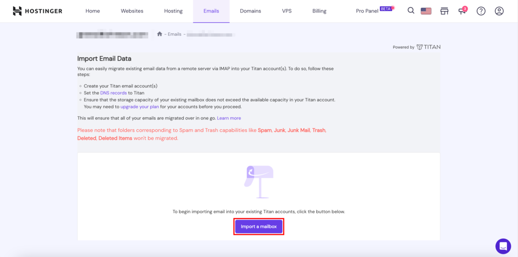 Titan email import window