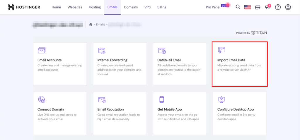 Import Email Data option in Titan email control panel