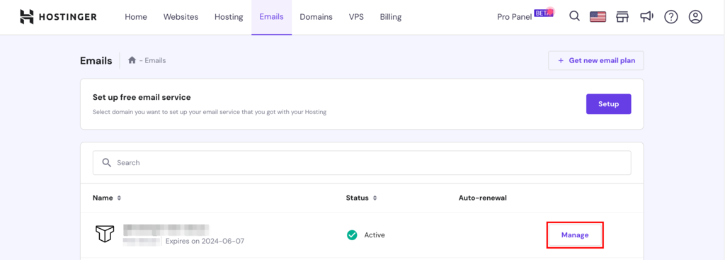 The Emails section in Hostinger Dashboard showcasing a domain with Titan email service