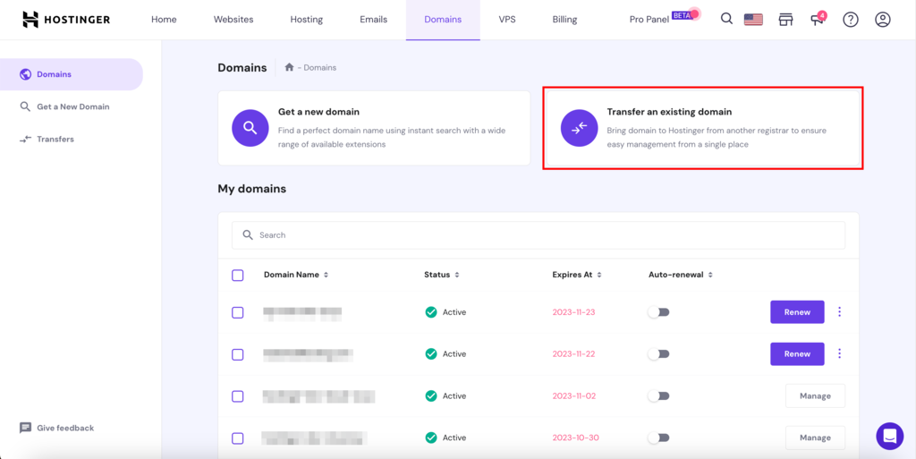Hostinger domain management section
