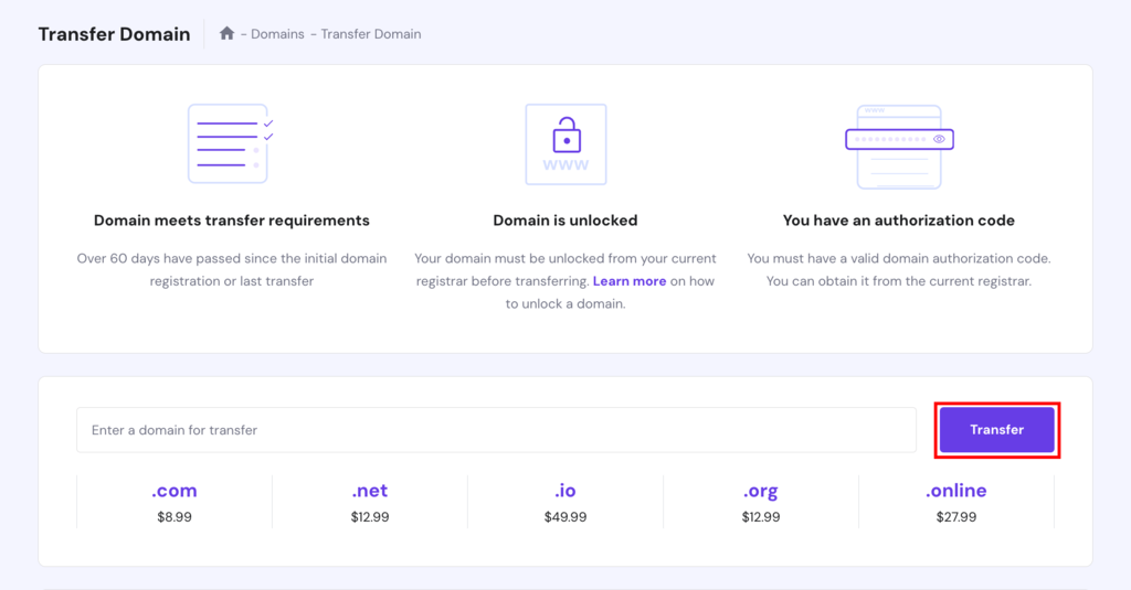 Hostinger domain transfer section