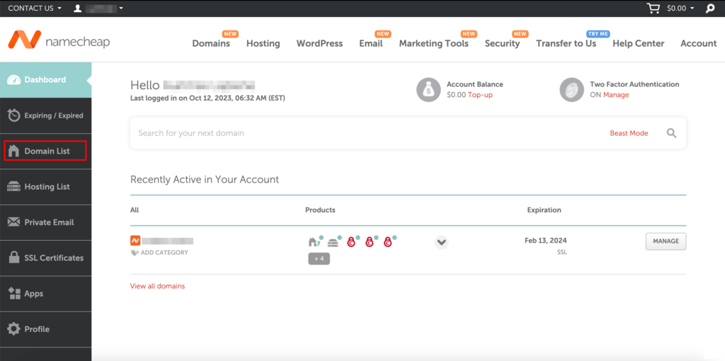 Namecheap dashboard