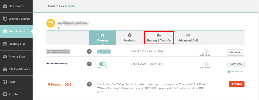 Namecheap domain management section