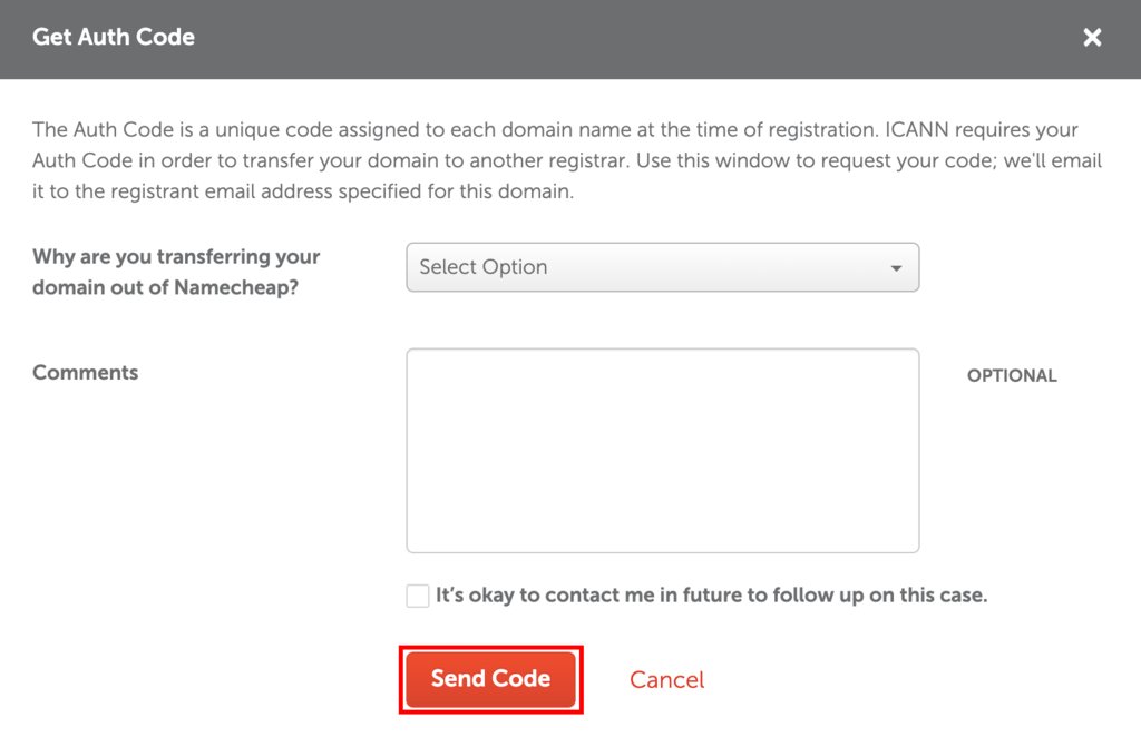 Namecheap Get Auth Code dialog box
