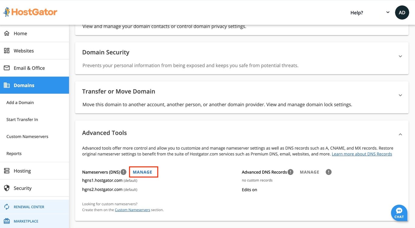 HostGator Domain Advanced Tools Nameservers section