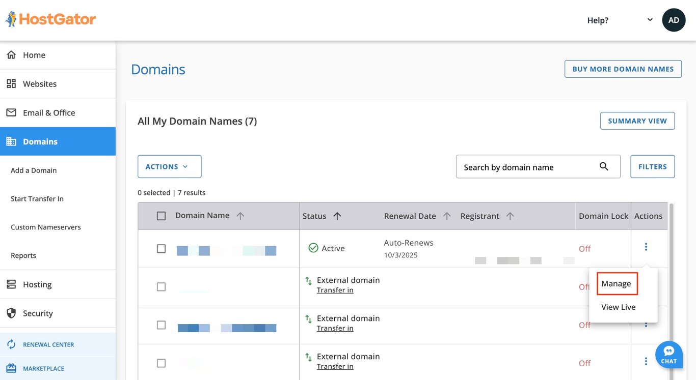 HostGator Domains section showing all the active domains