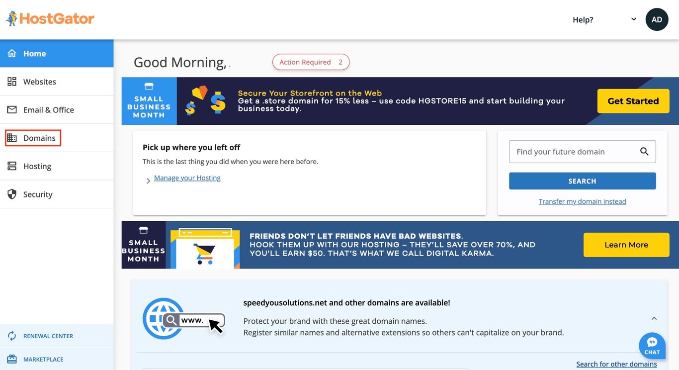 HostGator panel, with the Domains tab highlighted