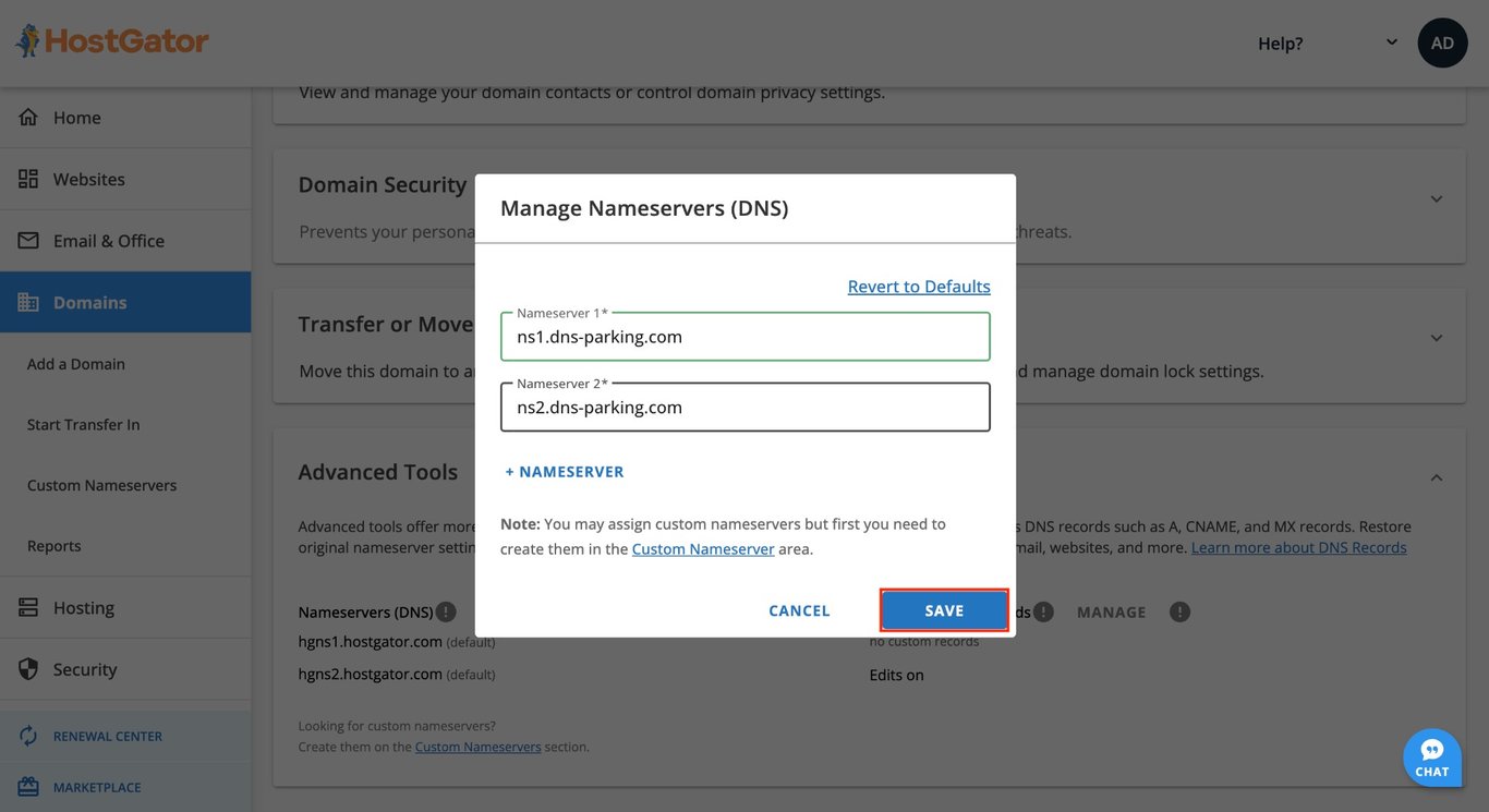 HostGator Domain Name Servers section