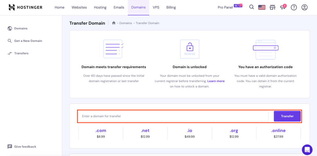 Transfer Domain section inside Hostinger dashborad