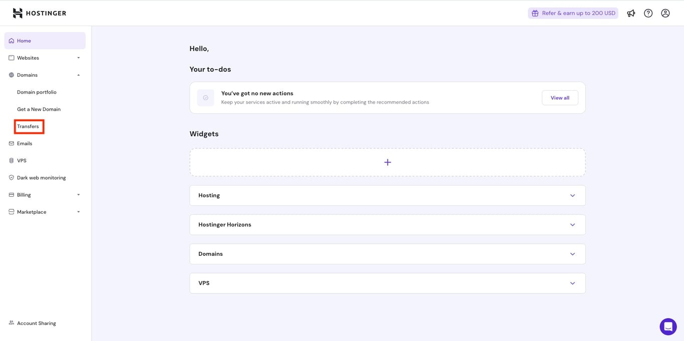 Hostinger Domains section with the domain transfer option highlighted