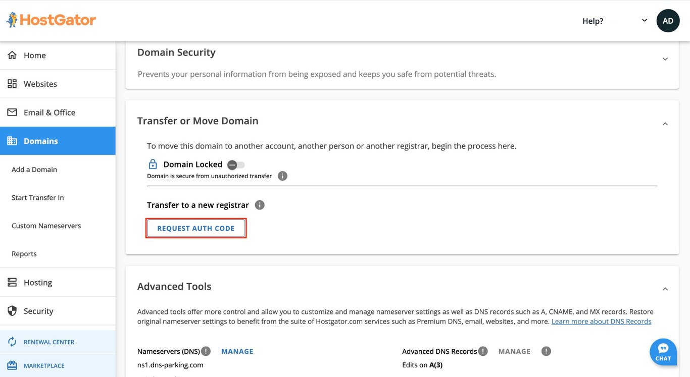 HostGator REQUEST AUTH CODE button