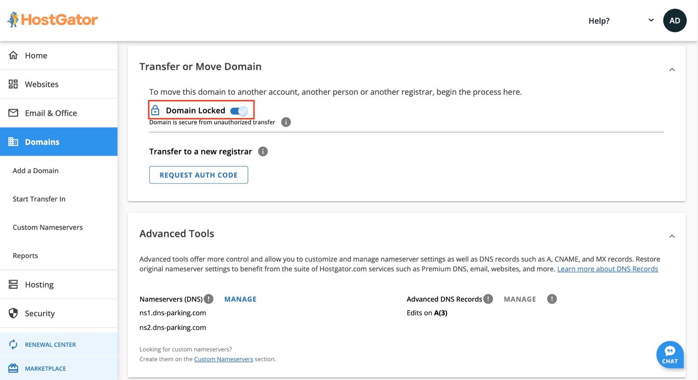 HostGator dashboard domain locking option