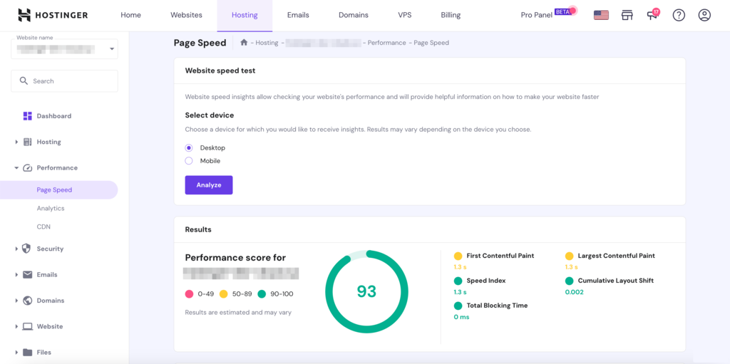 Screenshot of the page speed tool integrated in Hostinger hPanel