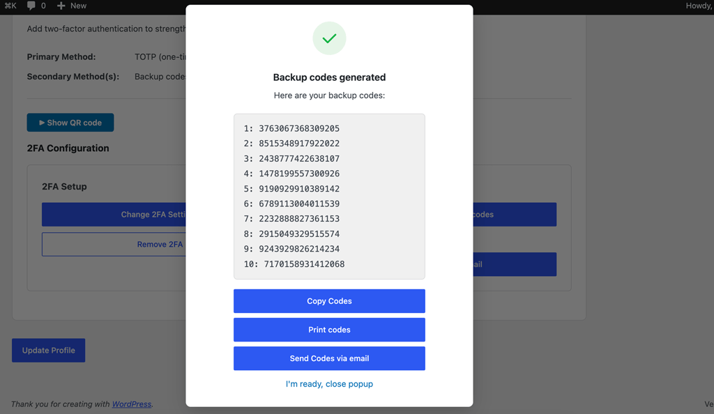 The example of generated backup codes from the 2FA plugin, with the option to download, and print, send via email.