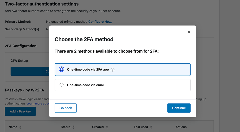 2fa method - choosing one-time code via 2fa app