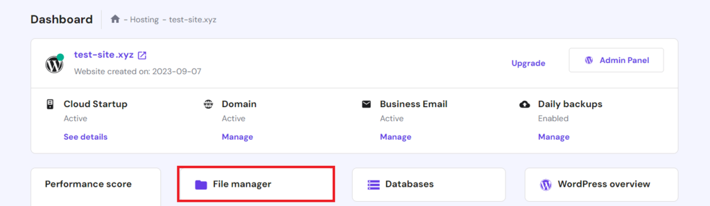 The File Manager location in hPanel's hosting management dashboard