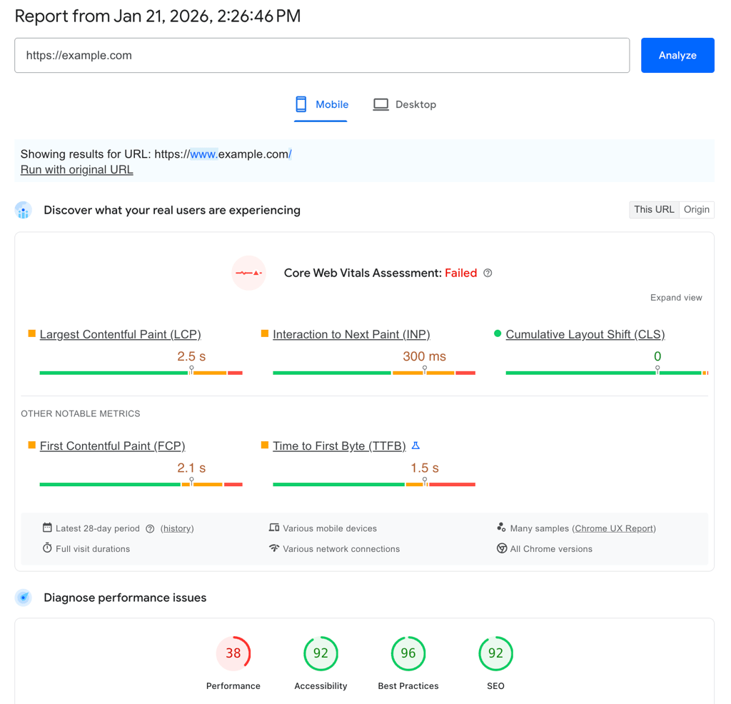PageSpeed Insights showing Core Web Vitals assessment with LCP and INP.