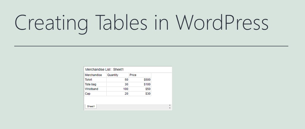 Google table preview in WordPress using the iFrame method.