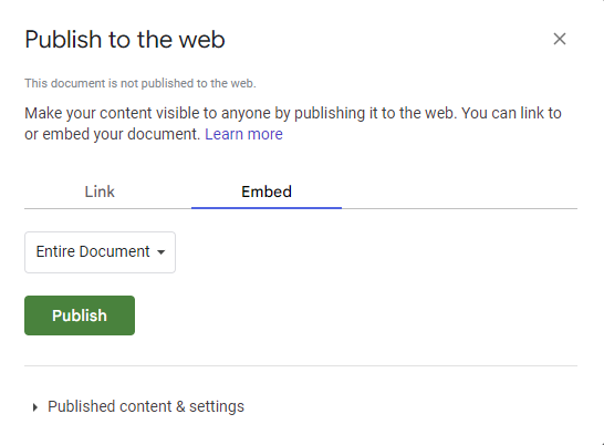 Publishing a Google spreadsheet.