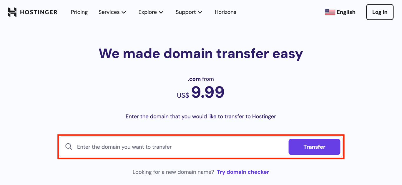 Hostinger domain transfer page with transfer field highlighted