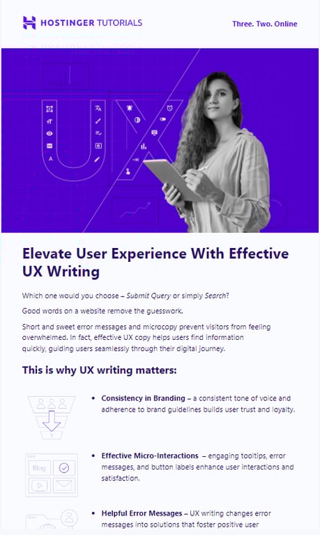 Hostinger newsletter, containing knowledge nuggets on website development.