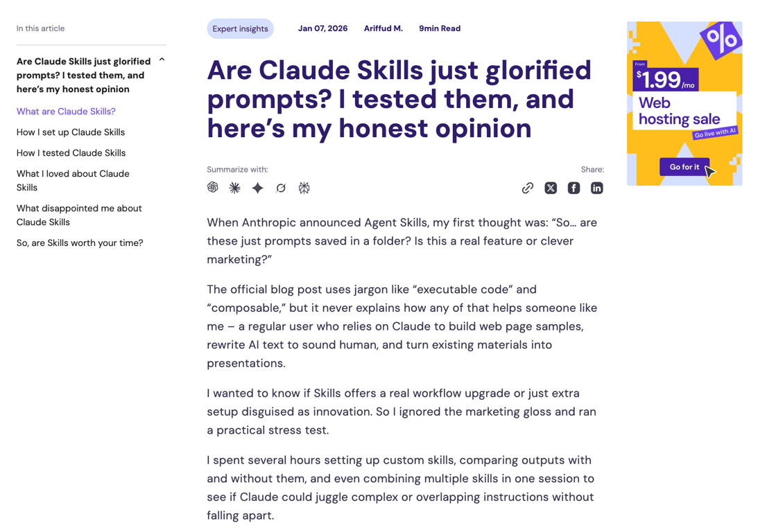 Hostinger article page showing author name, publish date, and read time.