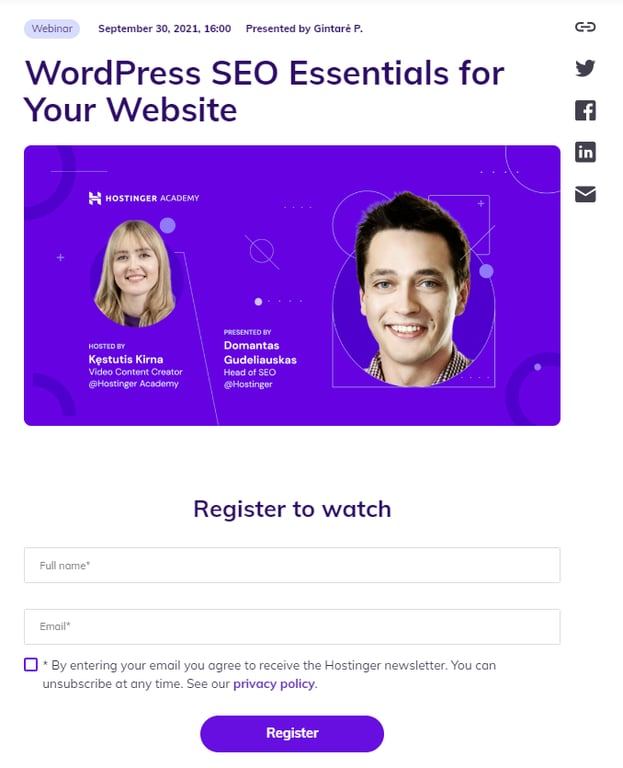 An example of a webinar hosted by Hostinger featuring a registration form below the event's banner.