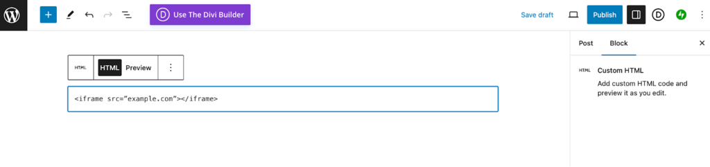 Adding the iFrame HTML tags to a custom html block in WordPress.
